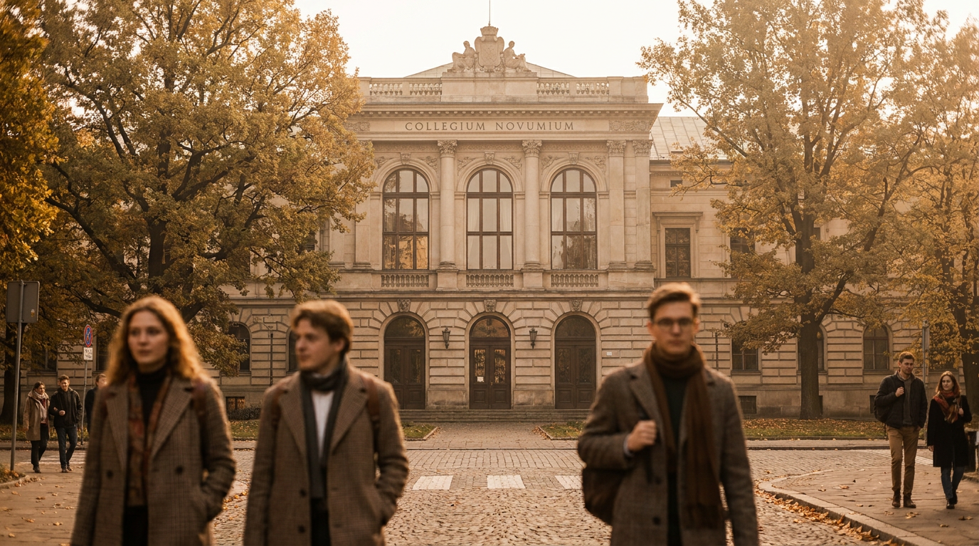 Neoclassical university building in Poland with students on cobblestones